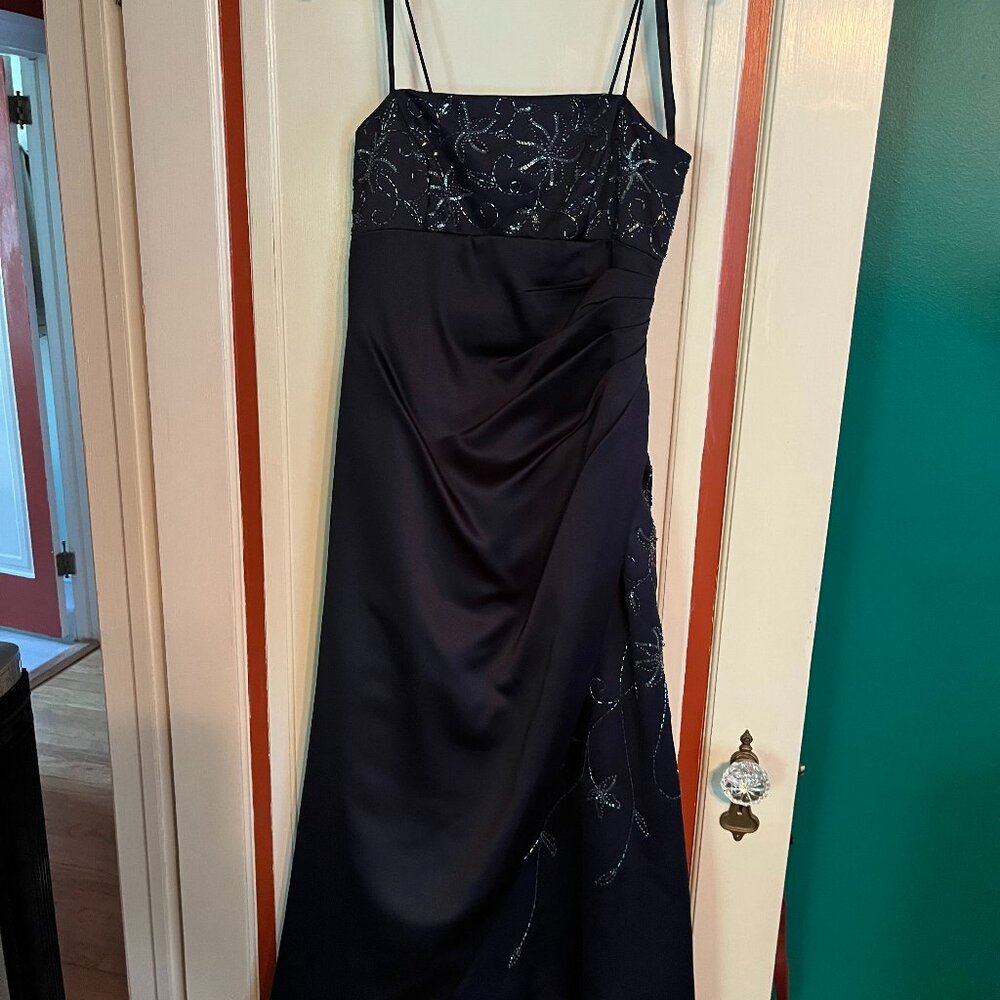 Navy Blue Satin Ballgown with Beading! Size 8